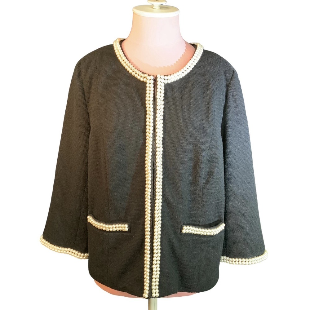 JOAN RIVERS Elegant Dinner Jacket Blck large Pearl Trim Pockets 3/4 Sleeves Sz M